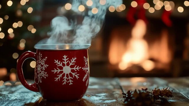 A red mug decorated with a snowflake pattern sits on the hearth in front of an open fireplace. A comforting scene for wintertime relaxation.