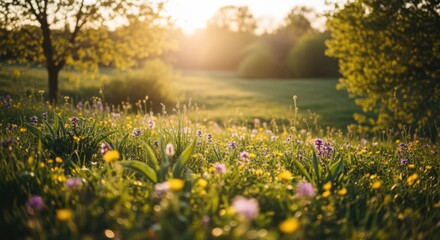 Obraz premium Seasonal springtime nature view with thriving plants and warm light effects