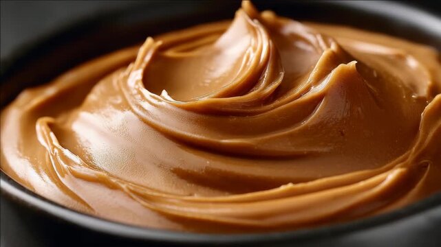 A jar of creamy peanut butter with a spoonful taken out, offering a close-up view of the tempting texture.