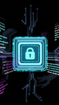 Cybersecurity lock icon over digital code and circuit board animation