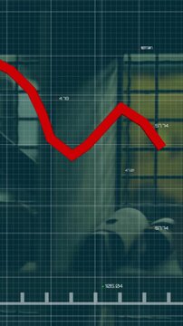 Red declining graph animation over industrial factory background