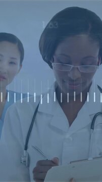 Medical data analysis animation over healthcare professionals in clinical setting