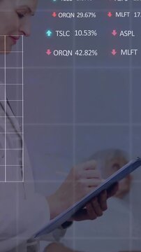 Animating financial data and stock percentages over medical professionals discussing