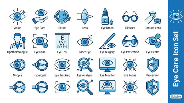 Eye Care Icon Set Vector Illustration &ndash; Vision, Ophthalmologist, Retina, Lens, Eye Drops, Glasses, Surgery, Health, Protection, Analysis Design Vector