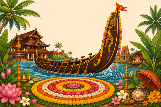Onam Traditional Boat Sailing Through Kerala Backwaters Celebration Banner