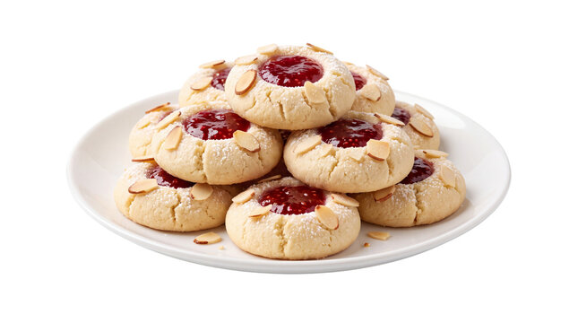 Thumbprint cookies with raspberry jam and almond slices, stack of festive shortbread biscuits on white plate, gourmet holiday treats
