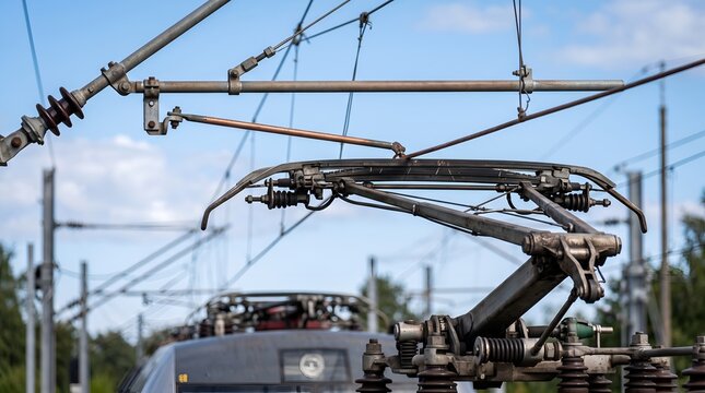 Close up of a train pantograph collecting electric power from catenary wires