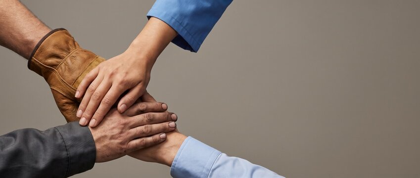  Diverse workers hands stacked together in teamwork gesture. Hands of construction worker, nurse, mechanic and office worker on gray background with copy space. Labor Day workforce unity concept