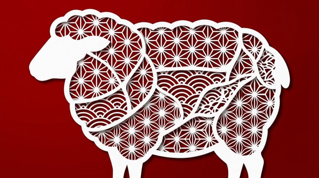 Paper cut style sheep silhouette with japanese patterns on red kirie new year 2027 zodiac art