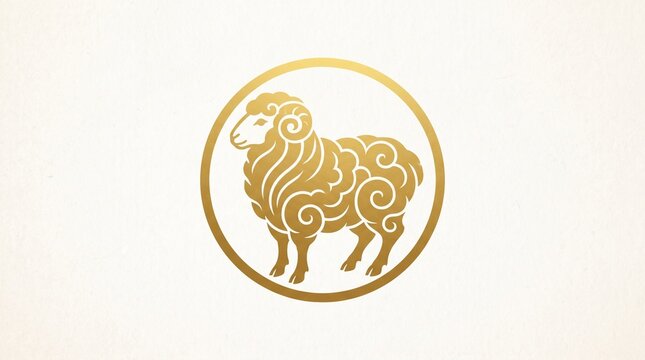 Sheep zodiac emblem in japanese kamon crest style gold circle on white new year 2027 design