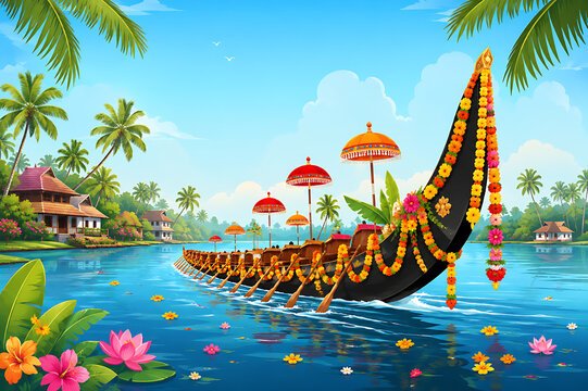 Onam Traditional Boat Sailing Through Kerala Backwaters Celebration Banner
