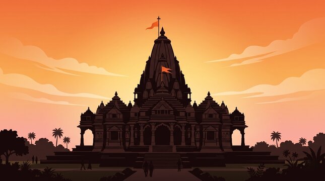 Artistic vector silhouette of Jain temple with warm sky
