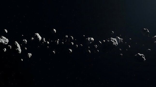 A cinematic view of an astroid belt floating through deep space featuring numerous rocky fragments drifting in the dark void of the solar system