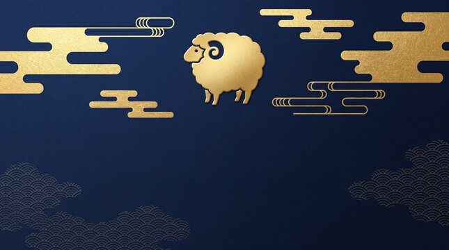 Luxury navy and gold vertical nengajo background with golden sheep crest premium new year 2027 design