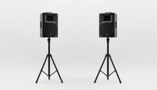 professional audio speakers PA on the tripods, isolated on white