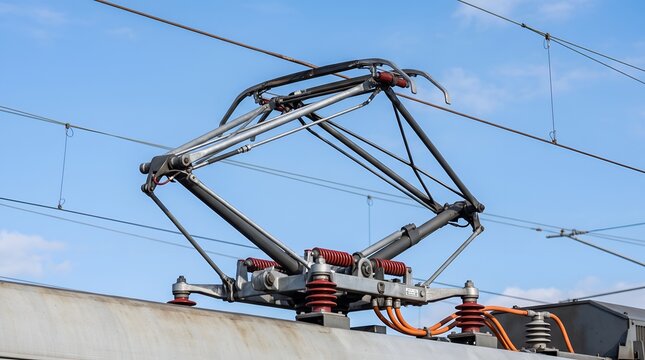 Electric train pantograph connected to overhead power lines for rail transport under blue sky.