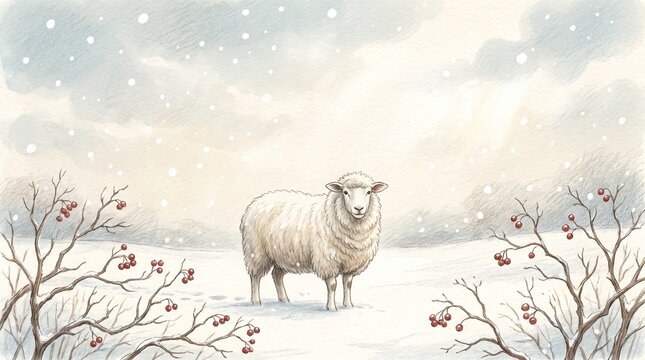 White sheep in falling snow with red berries vertical winter new year card illustration copy space