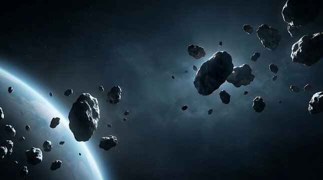 Astroid belt floating in deep space near a glowing planet atmosphere with many rocky fragments scattered in the dark cosmic void and starry background