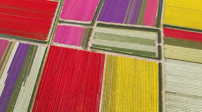 Dutch tulip color blocks paint the flat landscape in vivid bold hues in 19:6 ultra-wide nadir &mdash; Netherlands floral agriculture as extraordinary panoramic color art.
