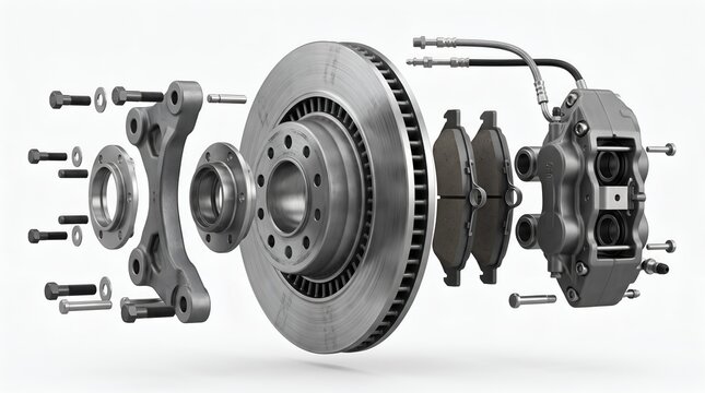 Exploded view of a high performance vehicle disc brake system assembly