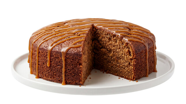 Sticky toffee pudding cake with caramel drizzle, moist sponge cake on white plate, delicious homemade dessert for menu
