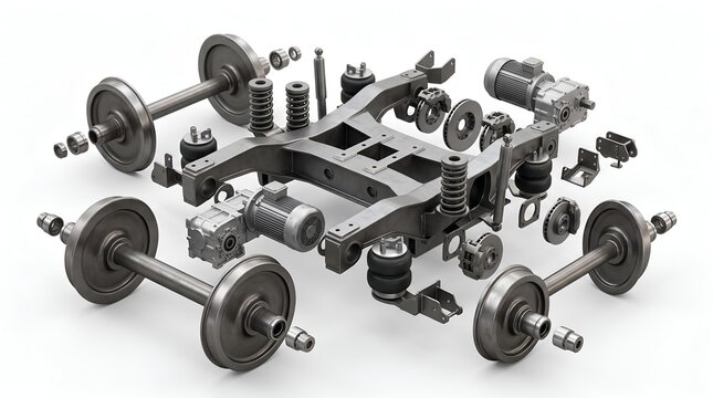 Exploded view of train bogie chassis and mechanical parts on white. Technical 3D render of railway wheels, motors, and suspension.