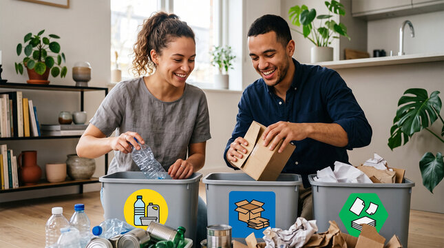 Happy couple sorting household waste for recycling at home, promoting environmental responsibility and sustainability