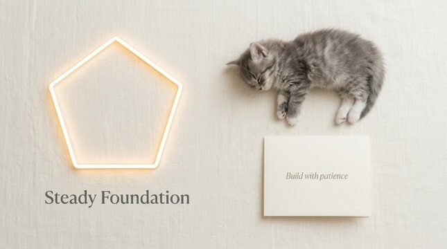Adorable grey kitten sleeping peacefully next to a glowing neon house frame and inspirational text cards about building a steady foundation for the future. Perfect for conceptual home decor