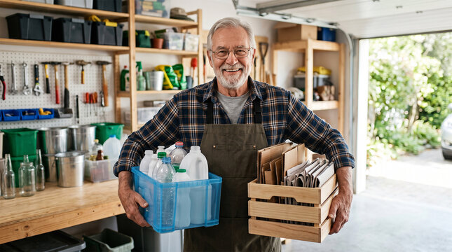 Smiling senior man holding recycling bins with plastic bottles and cardboard in a garage