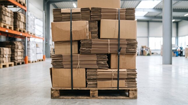 Stack of Cardboard Boxes on a Wooden Pallet in a Warehouse Storage Facility