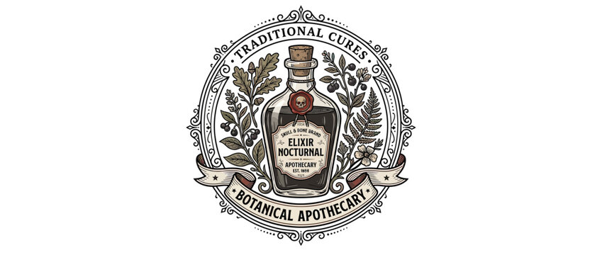 Vintage Botanical Elixir Bottle Emblem