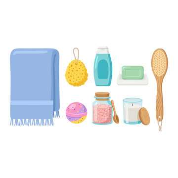 Self care bath accessories set featuring blue towel, loofah sponge, body wash bottle, soap bar, bath bomb, sea salt jar, scented candle, and wooden body brush isolated on white background vector illus