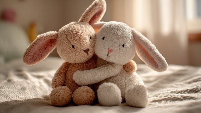 Two cute plush bunny toys hugging on a soft bed in warm light