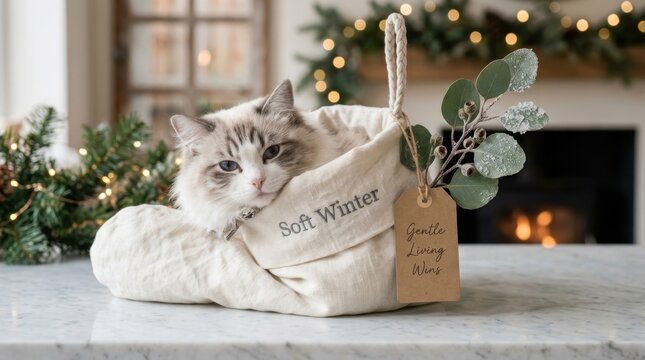 Adorable fluffy ragdoll cat sitting inside a cozy white linen bag with soft winter text on a marble table near a warm fireplace during christmas season, perfect for holiday greeting and