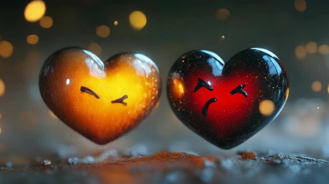 A vibrant depiction of two hearts, one radiating joy and the other emanating sadness, separated by a glowing background with floating specks of light. A metaphor for emotions in life.
