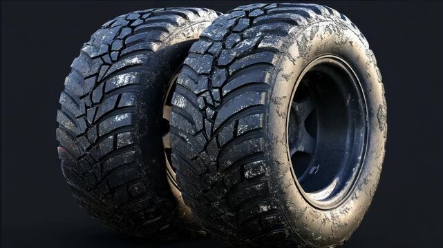The shows a pair of dirty and worn truck tires with deep treads and mud around the base.