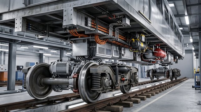 Modern train undercarriage maintenance in industrial railway depot facility.