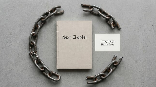 Broken rusty chains around a book named Next Chapter and card saying Every Page Starts Free on grey background. Symbolic of freedom, new start, liberation, personal growth, success, and