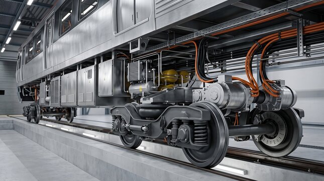 Subway train chassis and wheel bogie mechanism in a modern depot.