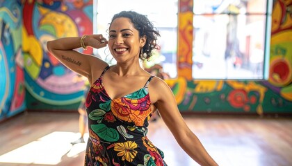 Fototapeta premium Happy woman enjoying a dance class abroad during her mini retirement lifestyle adventure.