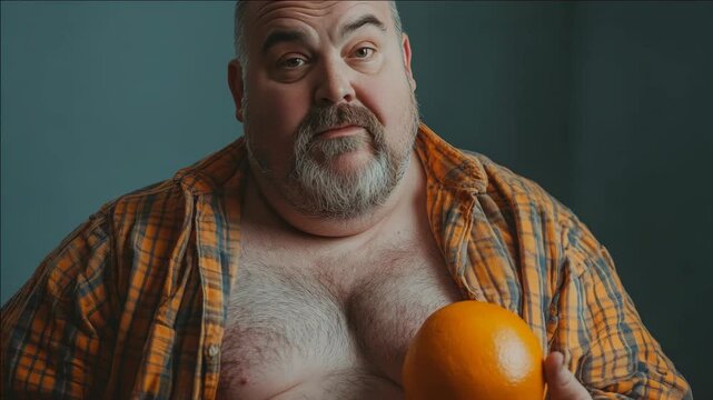 Portrait of a bearded man in a plaid shirt holding an orange with a focused expression.