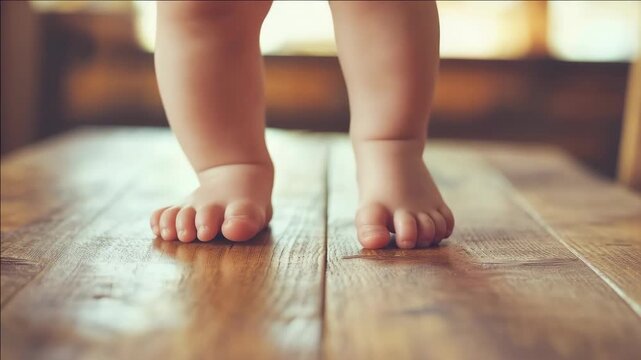 Tiny feet stand bare on warm wooden floor. Soft light glows behind blurred background. Child's legs poised, ready to take first step. Natural, gentle, intimate moment captured