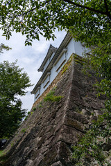 The reconstructed Bitchu Yagura turret and historic stone walls of Tsuyama Castle (Kakuzan Park) in Okayama, Japan. © hit1912