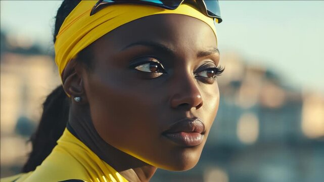 Sunlight glows softly on her face. She wears a bright yellow headband. Eyes closed, lips slightly parted. Blue sunglasses rest atop her head. Soft city backdrop blurs behind her