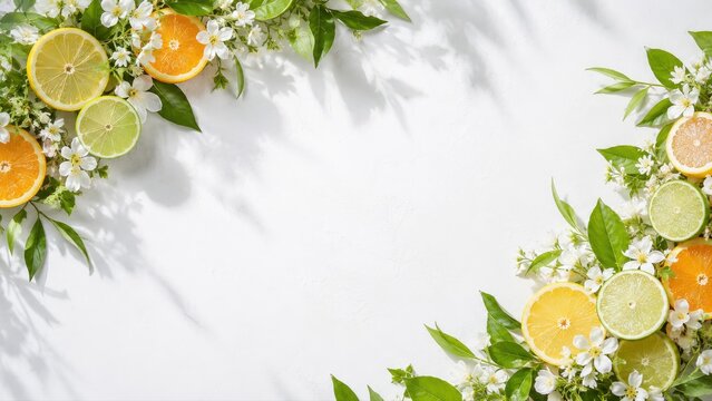 Citrus Fruit Slices and White Flowers Framing Copy Space