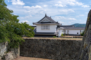 The reconstructed Bitchu Yagura turret and historic stone walls of Tsuyama Castle (Kakuzan Park) in Okayama, Japan. © hit1912