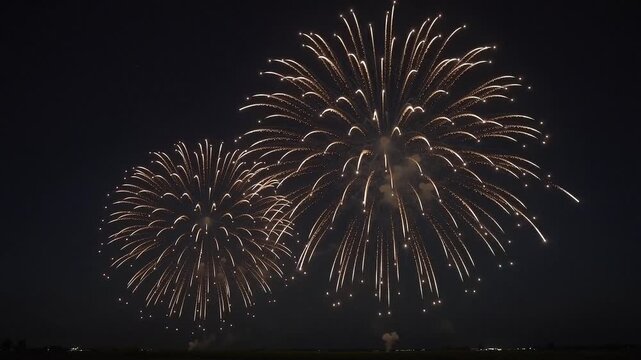 Golden fireworks display exploding in night sky 4k motion video, festive pyrotechnic celebration animation, sparkling firework bursts for holiday events animated