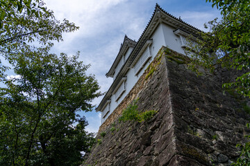 The reconstructed Bitchu Yagura turret and historic stone walls of Tsuyama Castle (Kakuzan Park) in Okayama, Japan. © hit1912