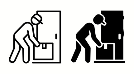 Fototapeta premium Delivery person placing a package by the door in two different icon styles.