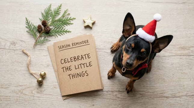 Cute miniature pinscher dog wearing a festive red santa hat sits next to a craft paper greeting card with the message celebrate the little things on a wooden floor background during christmas holiday.